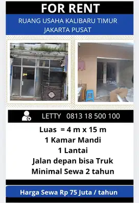 Disewakan Ruang Usaha Kalibaru Jakarta Pusat Rp 75 Juta / tahun Nego