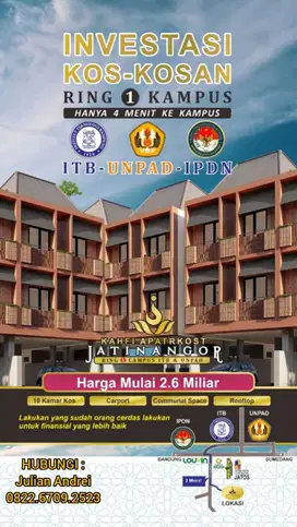 JUAL KAHFI APARTKOST 3 Di ITB JATINANGOR - LB.260m² & LT.101m² - 10 KT