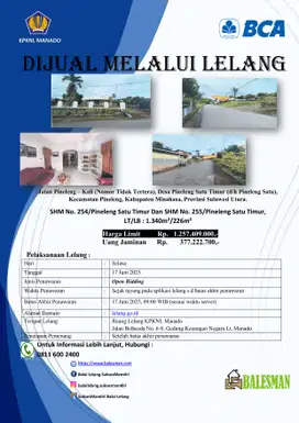 DIJUAL RUMAH MELALUI LELANG WILAYAH MINAHASA SULAWESI UTARA