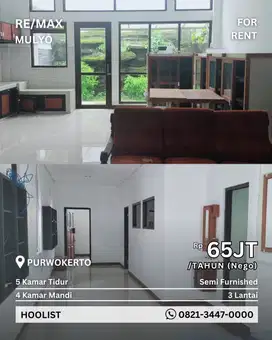 Disewakan Rumah 3 Lantai Siap Huni Area Kota Purwokerto