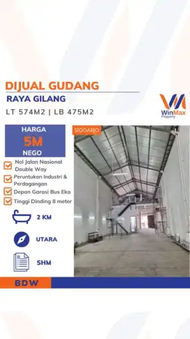 Gudang Nol Jalan Raya Gilang Sidoarjo – SHM, 574 m², Harga 5 M Nego