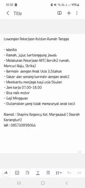 Dibutuhkan Asisten Rumah Tangga