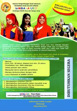 Dibutuhkan Segera Guru biMBA AIUEO Pasar Kojan Kalideres