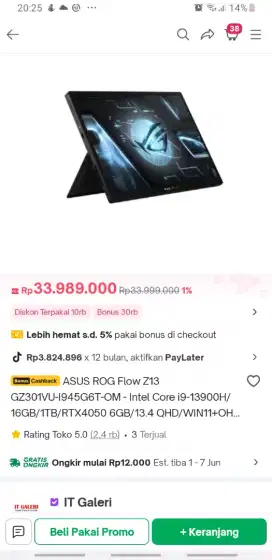 Tablet Asus ROG Flow GZ301VU i9 16/1tb RTX 4050 6gb garansi resmi