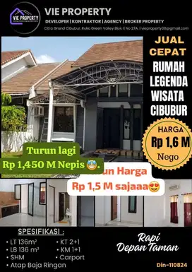 Jual Cepat Rumah Cantik Siap Huni 1 Lantai. Legenda Wisata Cibubur.