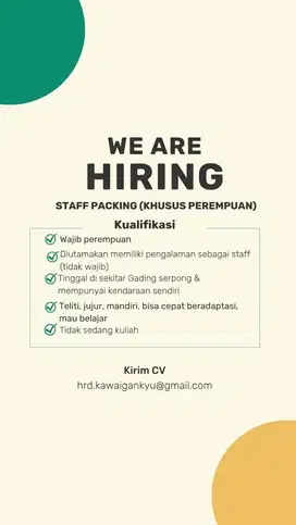 Karyawan packing perempuan Gading Serpong, admin packing online shop
