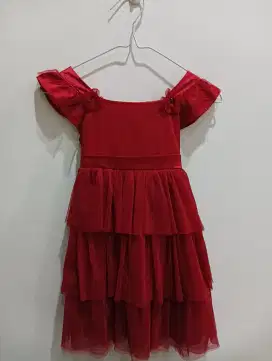 Baju anak cewek Preloved Satin Dress Ruffle Merah Gebyar