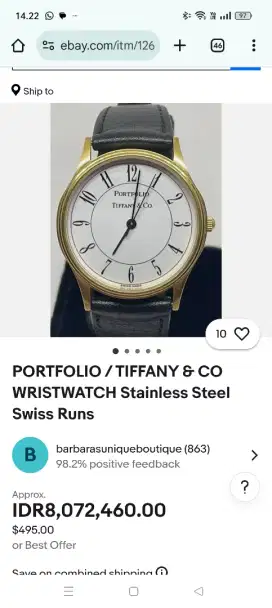 Jam Tangan Vintage Rare Portfolio Tiffany & Co  Plaque G-10 M