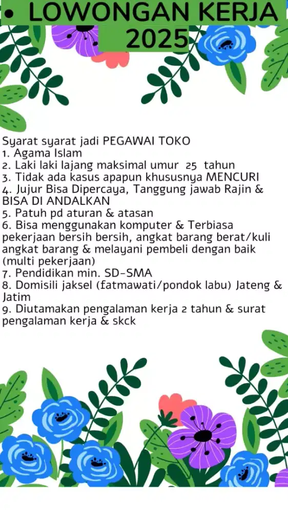LOWONGAN KERJA PEGAWAI TOKO LAKI LAKI