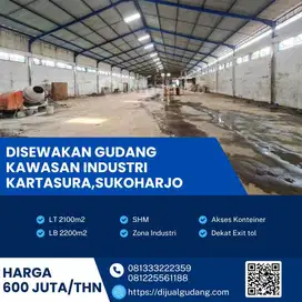 Disewakan Gudang 2100m² Strategis Dekat Tol Kartasura BU 600 Jt/Tahun
