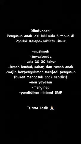 Dibutuhkan pengasuh anak 5 tahun/nanny/ baby sitter