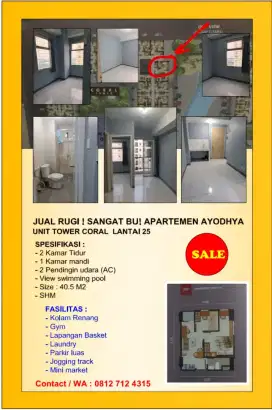 DISEWAKAN / DIJUAL RUGI Apartemen Ayodhya 2BRC ! SANGAT BU !!