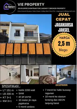 Murah, Rumah 2 Lantai Siap Huni jual cepat di Jagakarta Jak-Sel
