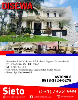 Disewakan Rumah Murah 3 Lantai di Vila Bukit Regency Pakuwon Indah