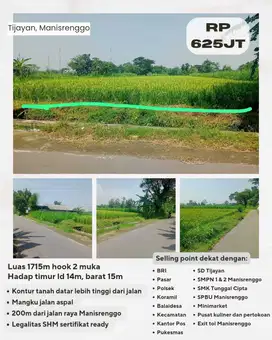 SAWAH STRATEGIS DEKAT JALAN RAYA MANISRENGGO SERTIFIKAT READY