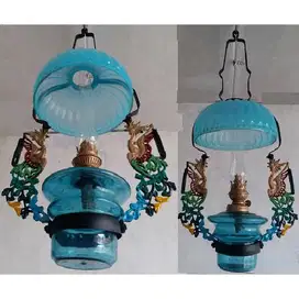 Vintage lampu minyak gantung antik KRISTAL BIRU retro