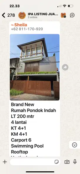 DiJual Rumah 3 Lantai Model Design Tropical diPondok Hijau V/UE 8
