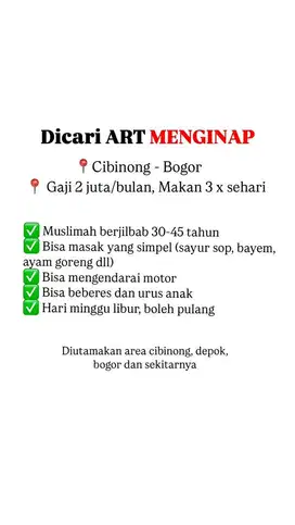 Lowongan ART Menginap Cibinong Bogor