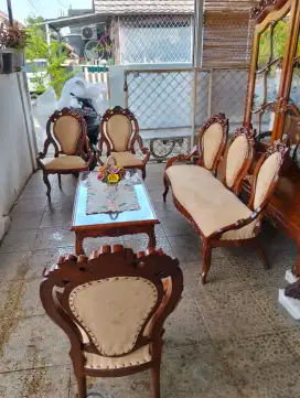 Set kursi tamu kayu jati lawas , jok baru ganti kain