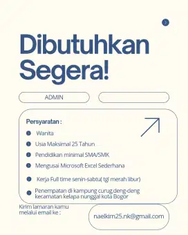 Dibutuhkan Admin Gudang