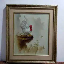 Lukisan kanvas ayam jago putih