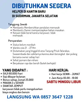 Dibutuhkan Helper Wanita untuk Jaga Kantin