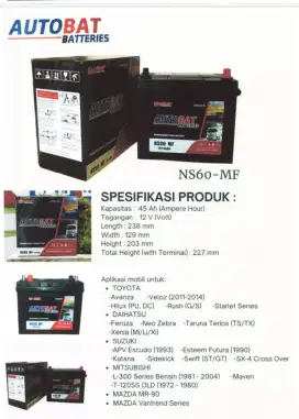 Aki kering NS60(46B24R)45ah autobat