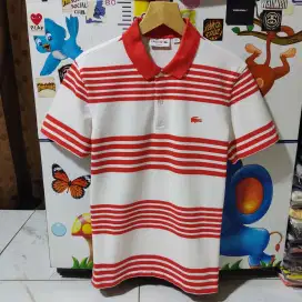 Kaos polo shirt LACOSTE Sallur Stripe Slimfit white yellow size No 4 M