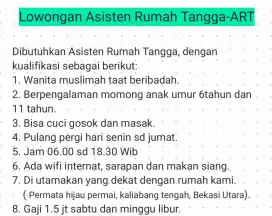 LOWONGAN ASISTEN RUMAH TANGGA - ART