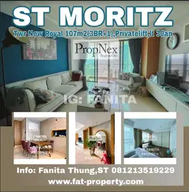 Dijual Apt ST MORITZ Twr New Royal 107m2(3BR+1),Lt 30an,privatelift,