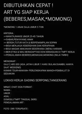 LOWONGAN ART BEBERES,MASAK,MOMONG, TANGERANG