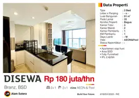 Disewa Apartemen Mewah Siap Huni 3BR Full Furnished Branz BSD