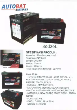 Aki kering 80D26L 80AH autobat