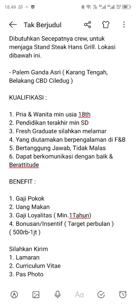 Dicari karyawan secepatnya dan siap bekerja