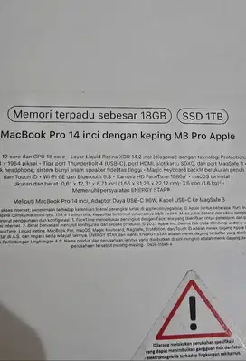 MACBOOK PRO M3 SILVER JARANG DIPAKAI KONDISI 90%