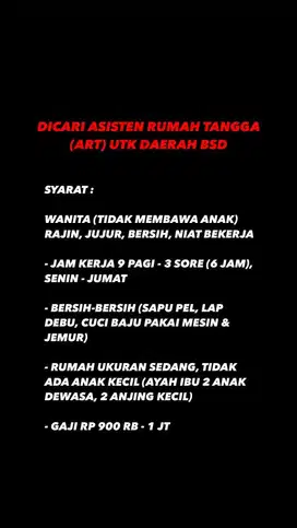 DICARI ART WANITA UNTUK DAERAH BSD