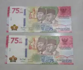 Jual uang kertas pecahan Rp 75.000  ada 2 lembar
