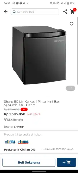 Sharp mini bar satu pintu