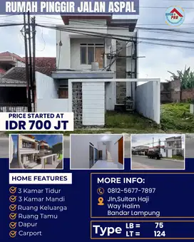 RUMAH DUA LANTAI PINGGIR JALAN UTAMA WAY HALIM BANDAR LAMPUNG