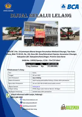 DIJUAL RUKO MELALUI LELANG WILAYAH BOGOR