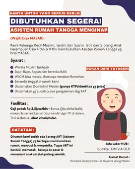DIBUTUHKAN SEGERA: Asisten Rumah Tangga (Menginap) – Wajib Bisa Masak
