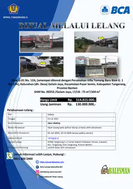 DIJUAL MELALUI LELANG WILAYAH TANGERANG !