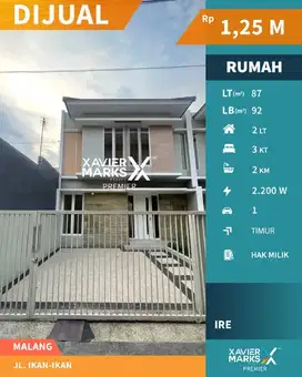 c107 Rumah Dijual Bangunan Baru Gress 2 Lantai Jl.Ikan-ikan ,Malang