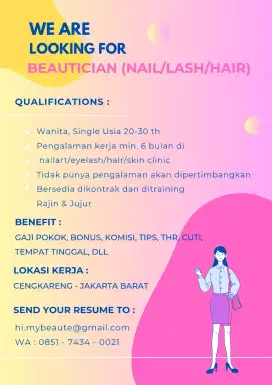 THERAPIST EYELASH NAILART FACIAL DAN ADMIN ONLINE