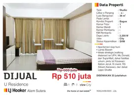 Dijual Apartemen Studio Furnished Lantai Rendah Dekat UPH Karawaci