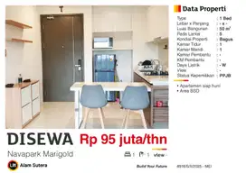 Disewa Apartemen 1BR Full Furnished Lantai Rendah di NavaPark BSD