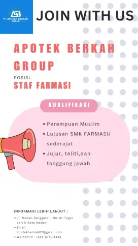 Dibutuhkan admin farmasi untuk di Apotek,