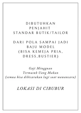 DICARI PENJAHIT LEVEL TAILOR BISA MEMBUAT BAJU MODEL