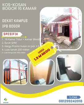 Kos Di Jual Bogor 16 kamar Dekat Kampus IPB Legalitas SHM