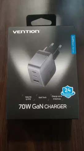 Kepala Charger Vention 3-Port USB (C+C+A) GaN Charger-Grey